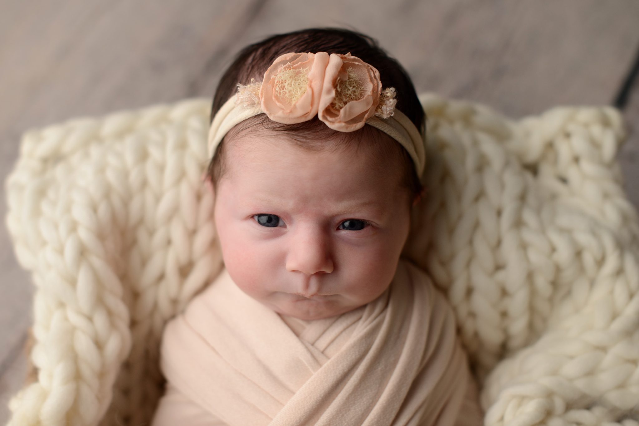 Newborn baby girl photo wrapped in cream at Queens Portrait Studio